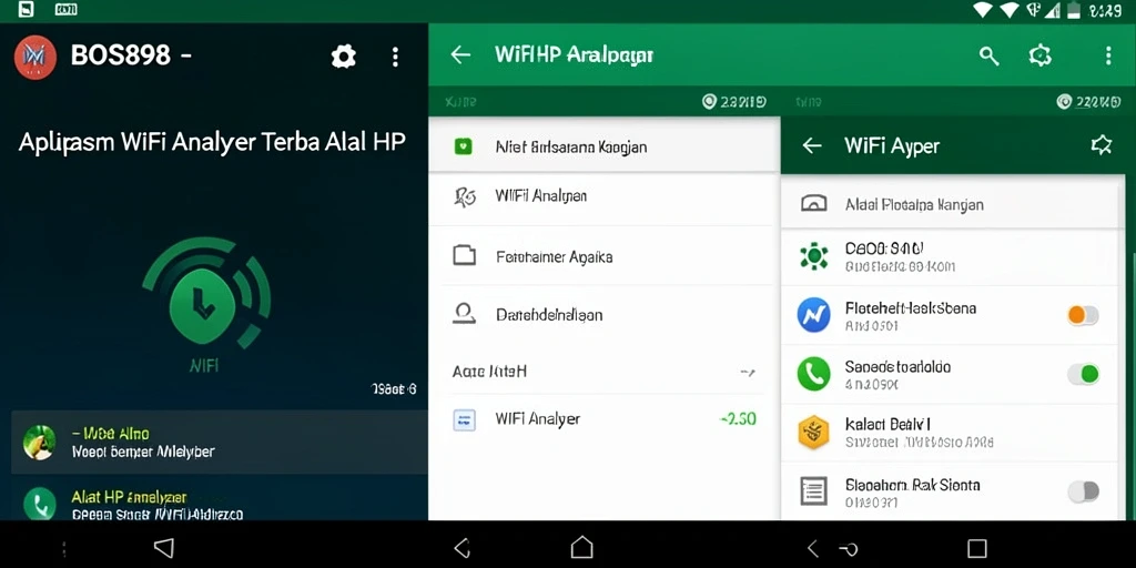 Screenshot utama BOS898 menunjukkan antarmuka WiFi Analyzer yang lengkap dan informatif.